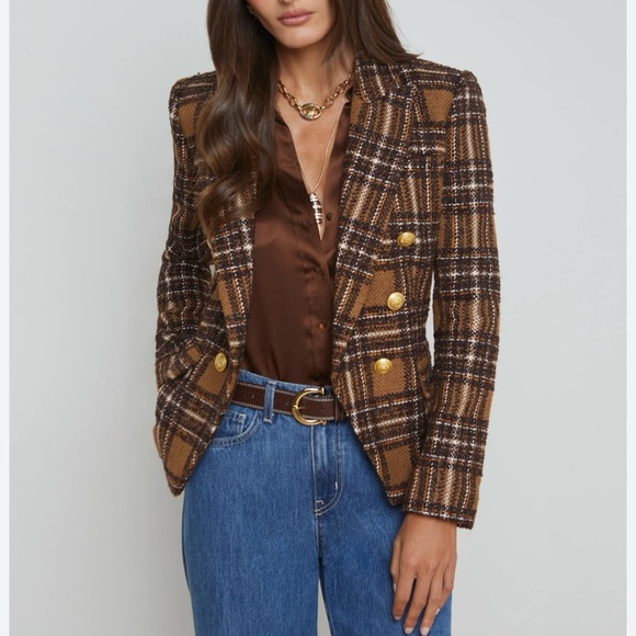L'AGENCE Jackets & Blazers - L'AGENCE Kenzie Plaid Tweed Double-Breasted Blazer in Brown / Gold Size 6